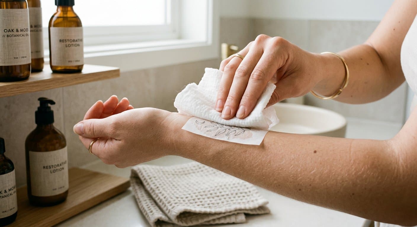 Pressing a KREON tattoo transfer onto a forearm with a damp cloth