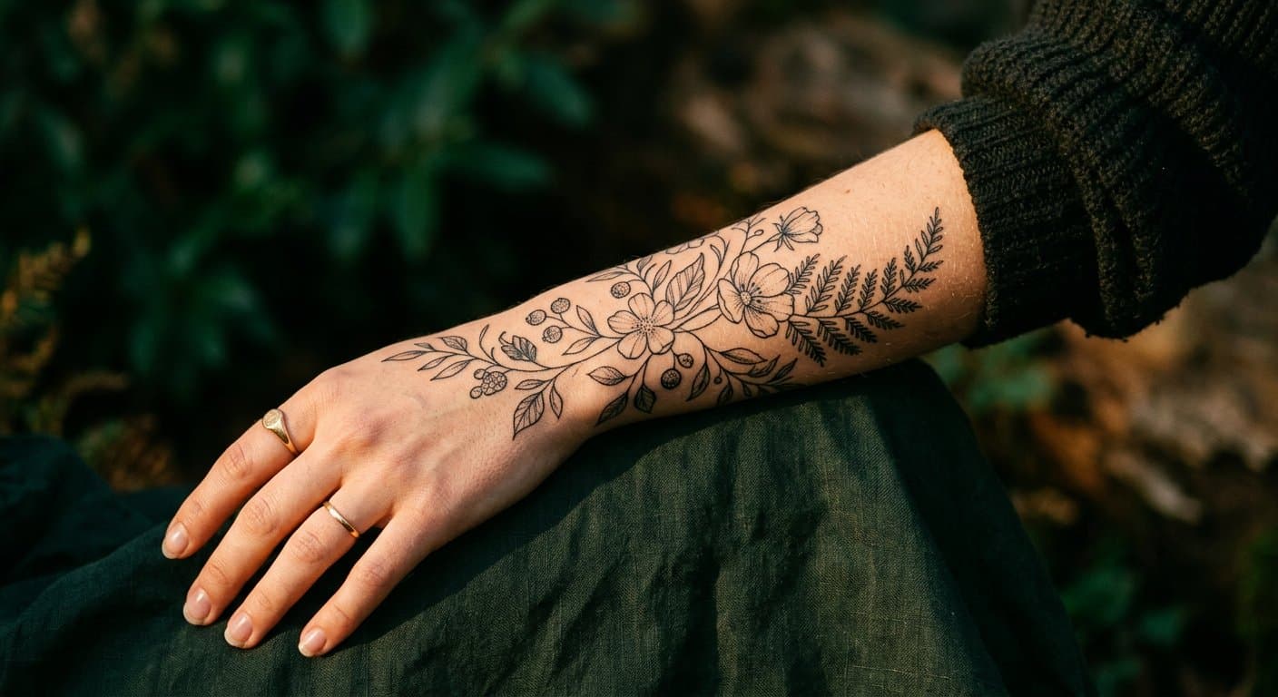 Close-up of a botanical KREON semi-permanent tattoo on a forearm in natural light