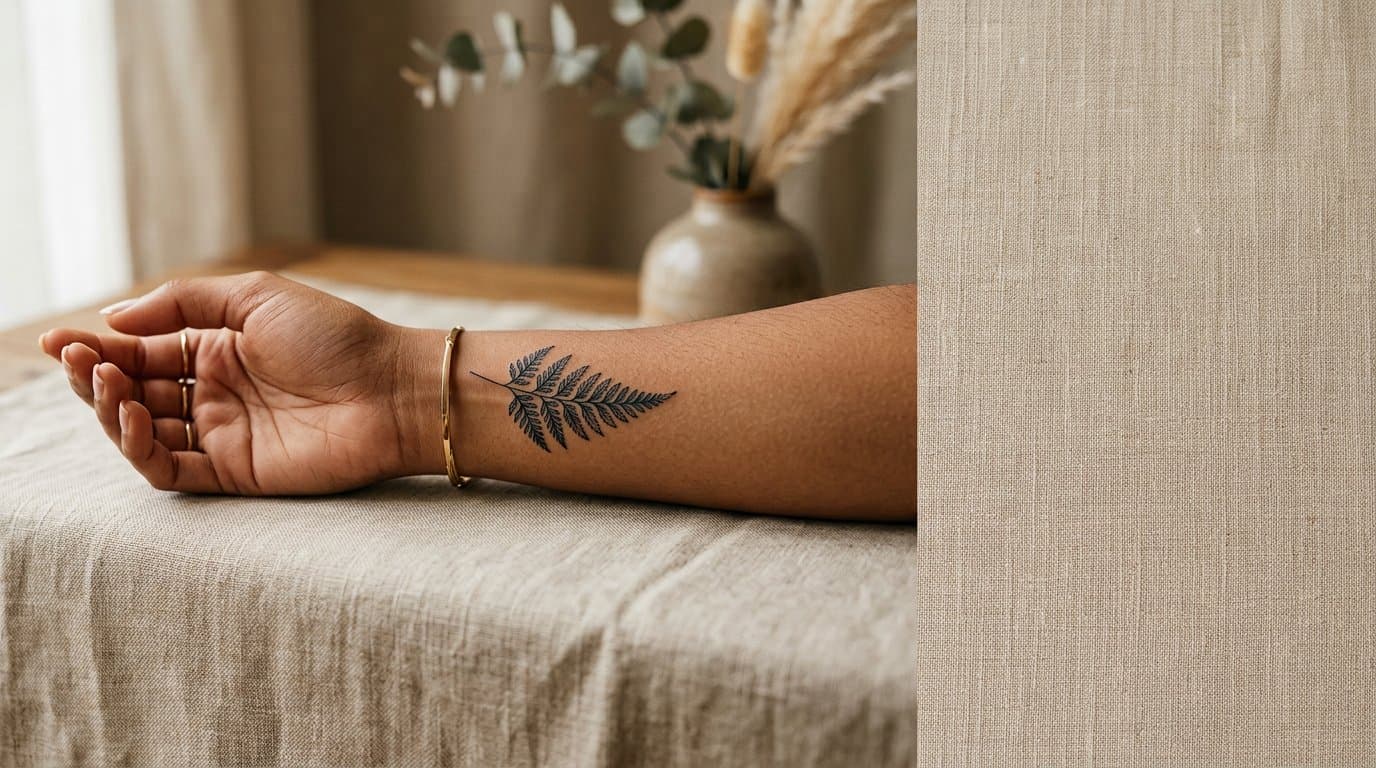 A fine-line botanical semi-permanent tattoo on a wrist, photographed in soft natural light